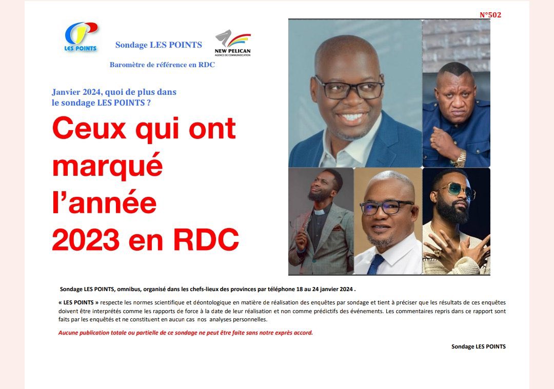 Andykalenga1's tweet photo. Parmi les 50 personnalités ayant marqué 2023, @kazadi_peter, @JacquesKyabula, @ALINGETEJULES_K, @fallyipupa01 et @HermanAmisi sortent du lot. “Ils se sont particulièrement distinguées dans leurs domaines respectifs”, précise l'Institut de Sondage #LesPoints. https://t.co/3DT7ElzASo