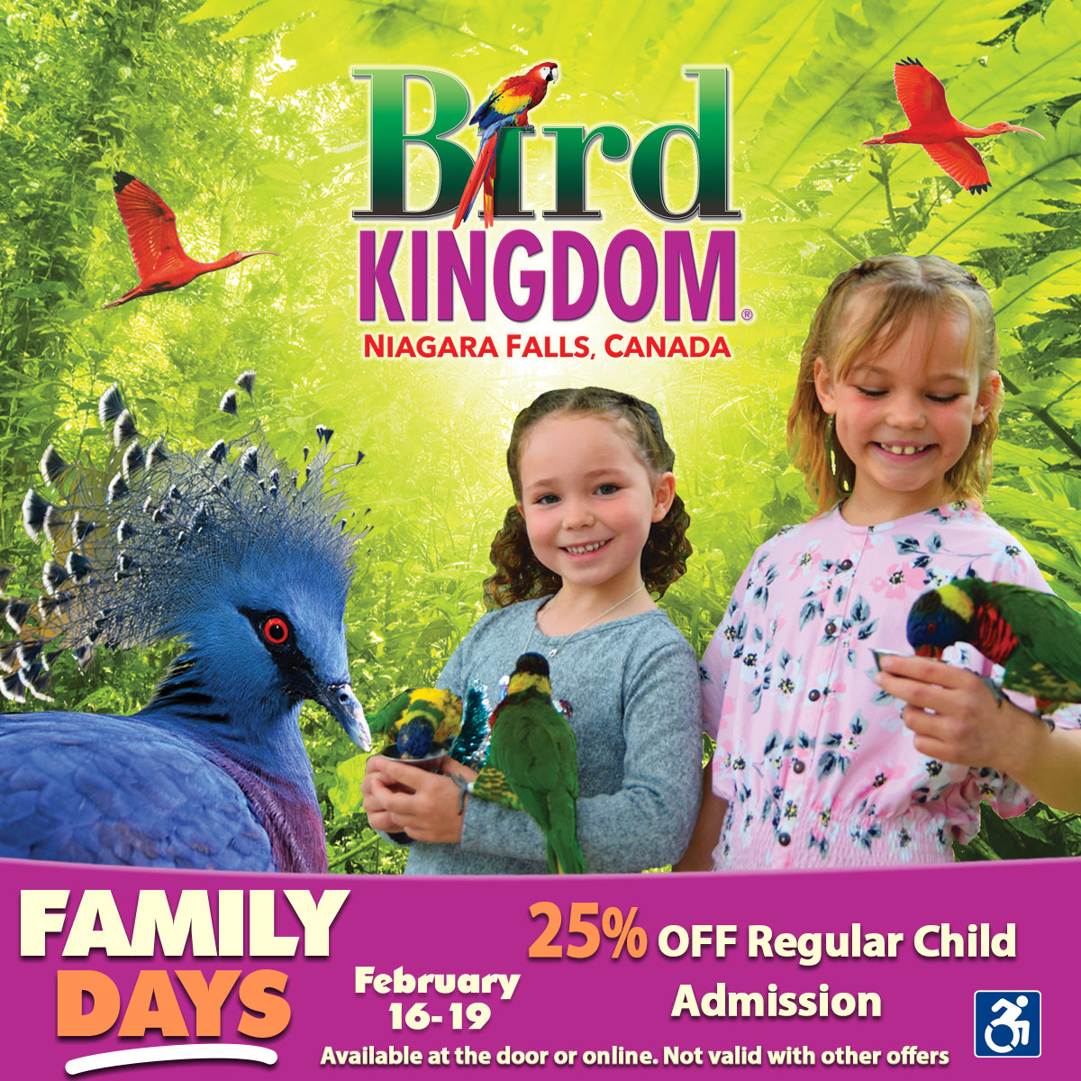 Got Family Day plans? How about cozy indoor fun with the birds? Enjoy 25% off all child admission tickets for the ENTIRE WEEKEND!

#familyday #birdkingdom #longweekend #aviary #niagarafalls