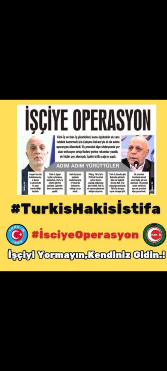 Kim yapar Türkİş Hakİş Kim düzeldecek 750 bin kamu işçisi sizi gendinize gedirecegiz sende uyu Tes-iş senide unutmayacağız süt oğlan  #ErgunAtalayİstifa #hakiskonf
<a href="/RTErdogan/">Recep Tayyip Erdoğan</a>
<a href="/eczozgurozel/">Özgür Özel</a> <a href="/dbdevletbahceli/">Devlet Bahçeli</a> <a href="/isikhanvedat/">Prof. Dr. Vedat Işıkhan</a> <a href="/ismailsaymaz/">İsmail Saymaz</a> <a href="/fatihportakal/">fatih portakal</a> <a href="/KucukkayaIsmail/">Ismail Kucukkaya</a> <a href="/turkiskonf/">TÜRK-İŞ</a>