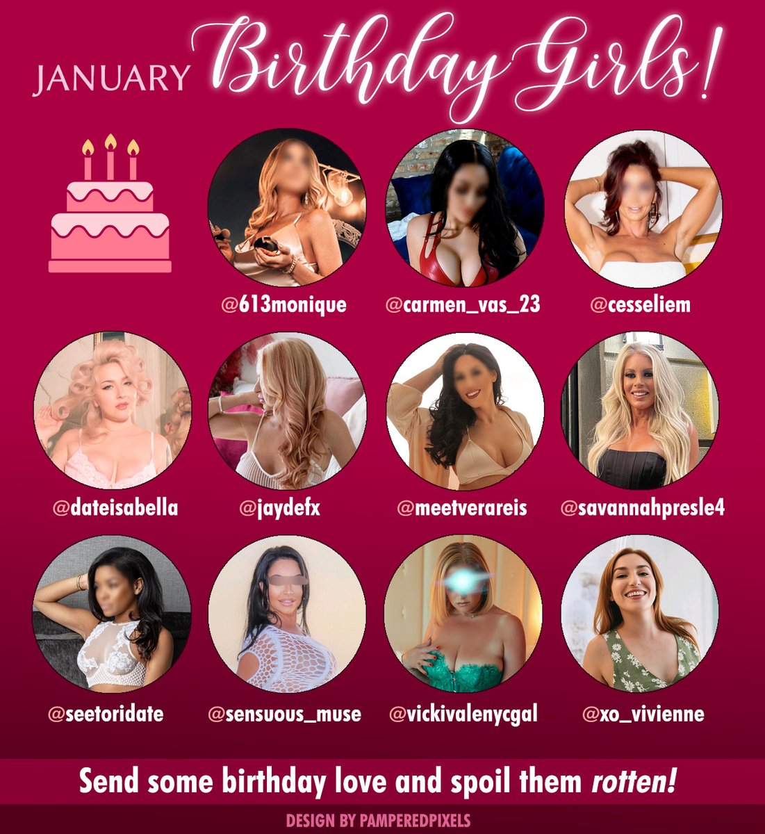 As January comes to a close, there's still time to sprinkle some love on this month's Birthday Girls!🎉

🎂@613monique
🎂@carmen_vas_23
🎂@cesseliem
🎂@dateisabella
🎂@jaydefx
🎂@meetverareis
🎂@savannahpresle4
🎂@seetoridate
🎂@sensuous_muse
🎂@vickivalenycgal
🎂@xo_vivienne