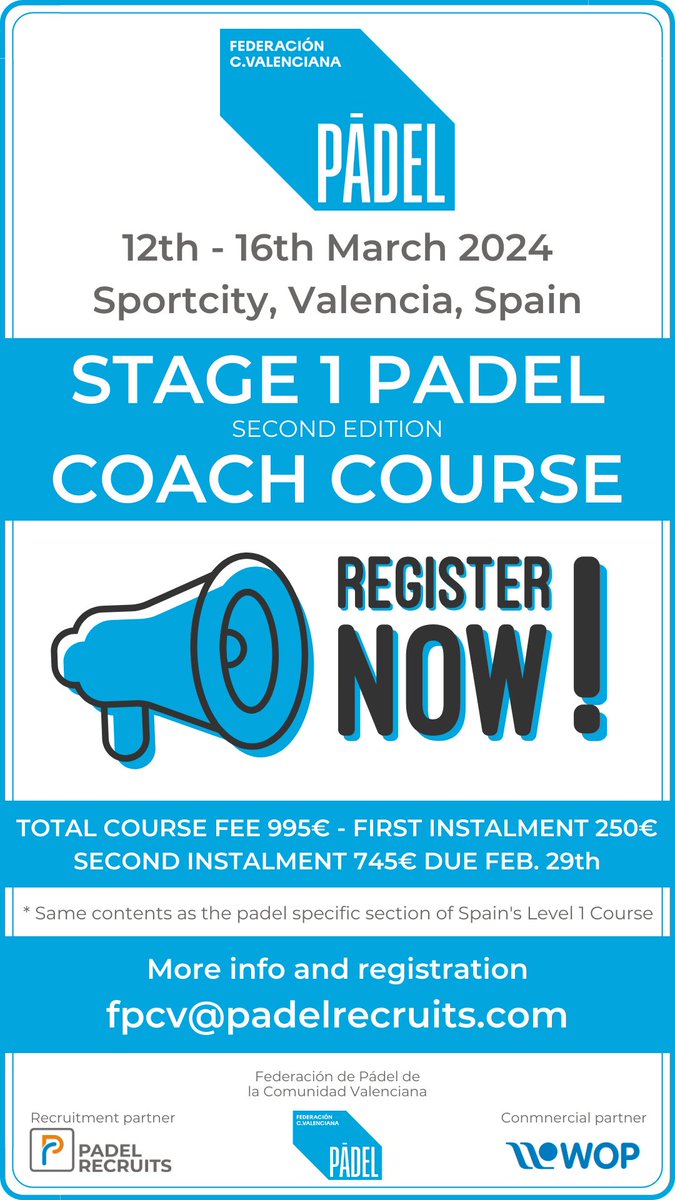 WorldofPadel's tweet photo. 📡💥REGISTRATION OPEN for the second edition of the FPCV Stage 1 #padel #coaching course.
👉Register https://t.co/yFsNgJz2V6👈
⚙More info: https://t.co/nPgjpGZFNV 🇪🇸🇪🇸🇪🇸 #padelcoaches #padeljobs #internationalpadel #valencia #spain #padelcoaching @PadelCV @PadelRecruits https://t.co/hTEJTjUbYl