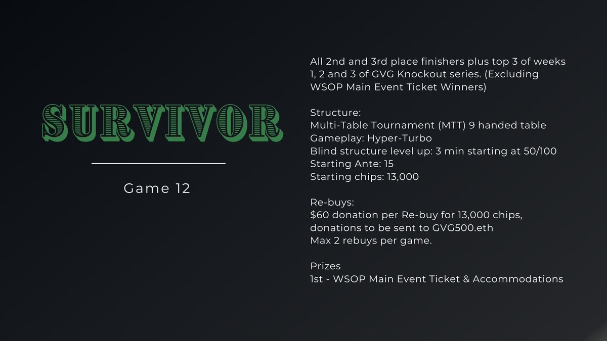 You got the eye of the tiger?! Are you a Survivor?!!! 

Then get ready for the GVG500 Survivor game. Part of the GVG500 satellite series. Buying a GVG500 pass gives you 13 opportunities to win a WSOP Main Event seat plus accommodations. 

Details:

2nd and 3rd place finishers