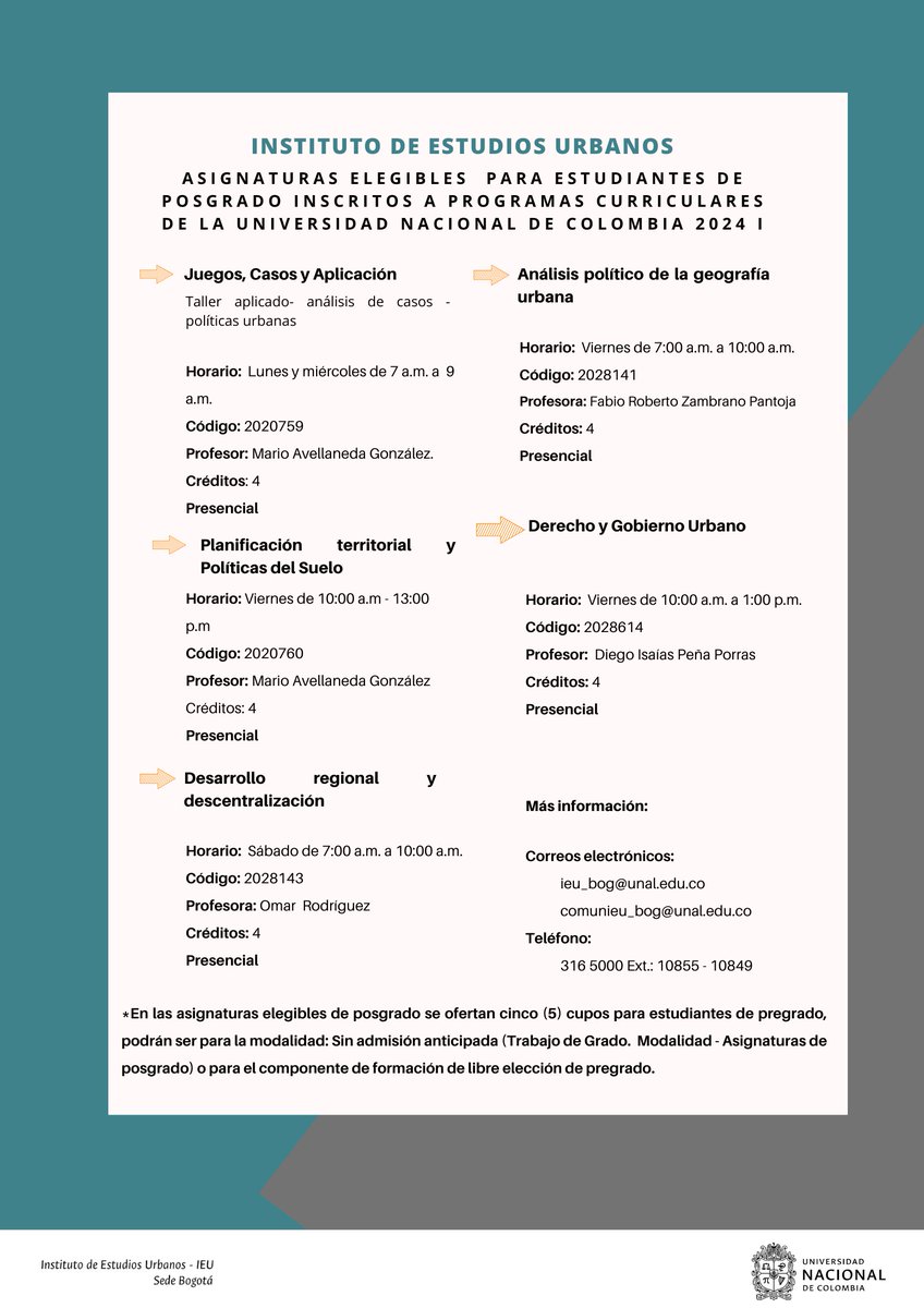 #Convocatoria Si eres estudiante de la <a href="/UNALOficial/">Universidad Nacional de Colombia</a> inscríbete en los cursos y electivas que ofrece el <a href="/IEU_UNAL/">Instituto de Estudios Urbanos - UNAL</a>,  para el primer semestre de 2024.