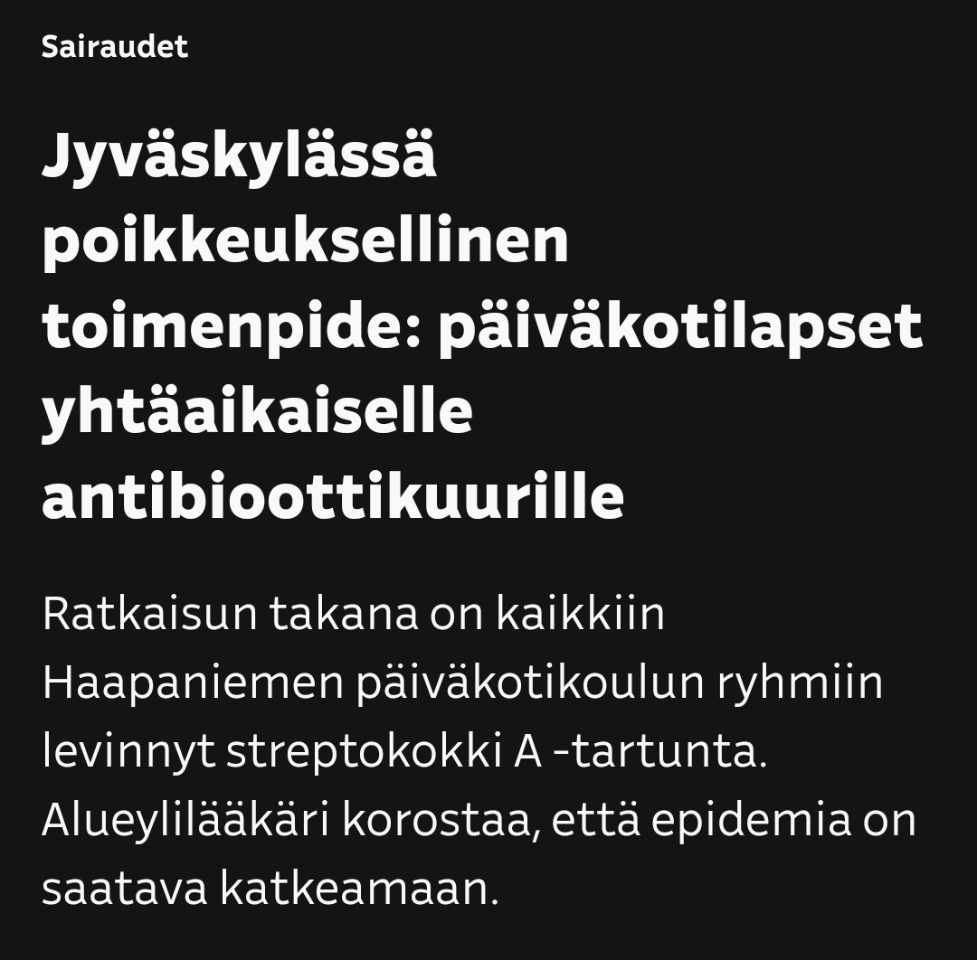 Streptokokki A:n leviäminen ei talttunut käsienpesulla ja yskimishygienialla. Jännä.

Kaksi juttua aiheesta:
yle.fi/a/74-20072050
yle.fi/a/74-20071971