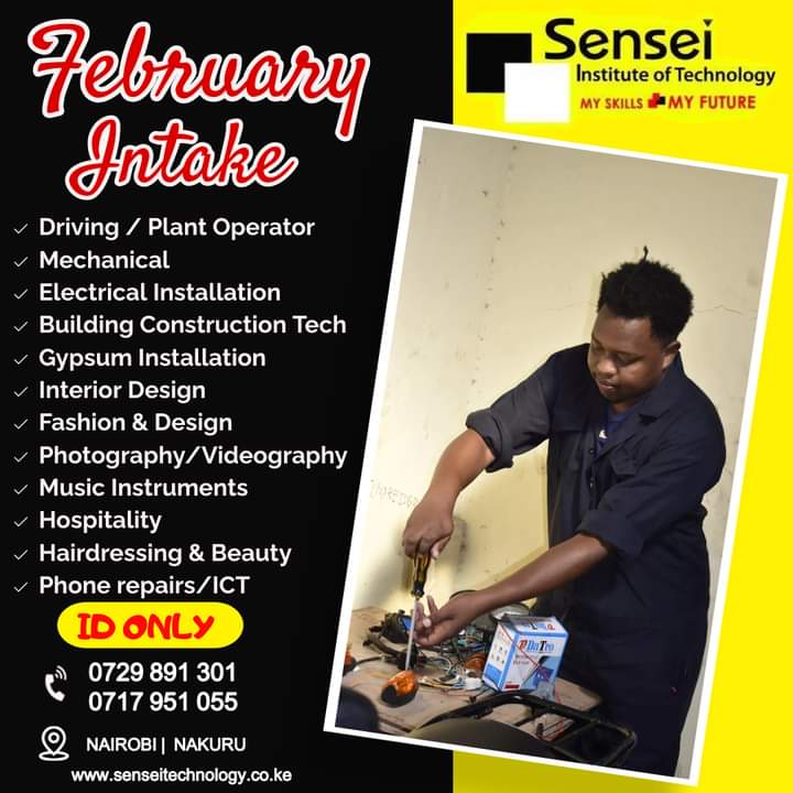 Senseitraining's tweet photo. Changamkia Feb na Skills at Sensei College.
Location: Nakuru & Nairobi, Kitengela
Call / What’s App 0729 891 301 or 0717 951 055
https://t.co/rc2O1c4MQY
#FebruaryIntake
#skillszangufutureyangu
#technicalcourses
#myskillsmyfuture https://t.co/lpdYFiUsPg