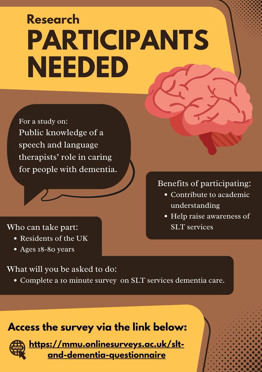 How much does the public know about the Speech and Language Thearpy services provided for people with Dementia? Looking for residents of the UK to fill out a 10-15 min survey for my Master's thesis on SLT and Dementia care. mmu.onlinesurveys.ac.uk/slt-and-dement… #dementia #SLT #SpeechTherapy