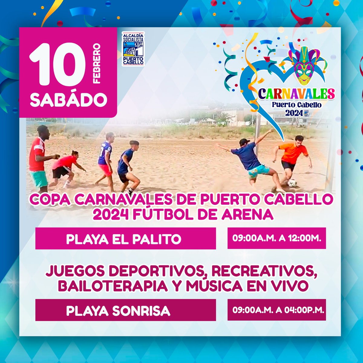 apuertocabello's tweet photo. Como parte de la programación de los Carnavales Turísticos de Puerto Cabello 2024, se estarán realizando actividades deportivas y recreativas en Playa Sonrisa y Playa El Palito, gracias a la gestión municipal que lidera @JCbetancourt72 para el disfrute de propios y foráneos 👍💯 https://t.co/9lT1ao0Klh