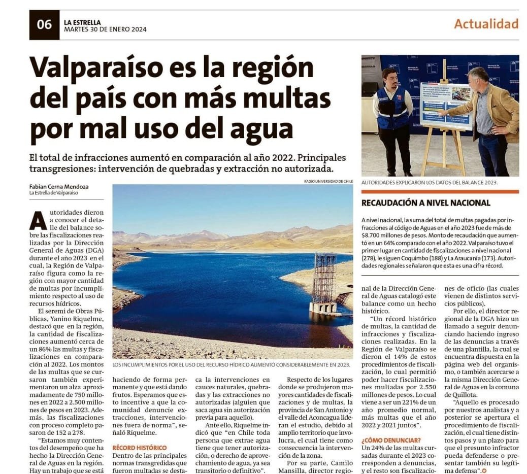 💧Dirección General de Aguas de Valparaíso del @MOPValparaiso durante el 2023 aumenta en un 83% su fiscalizaciones y en un aumento de 213% en multas cursadas, sumando un total de 2.550 millones de pesos, multas superiores a juntos los años 2021 y 2022.👷‍♂️👷‍♀️
