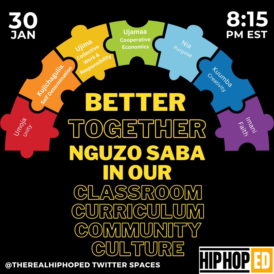 TheRealHipHopEd's tweet photo. Tonight 8:15 pm EST join us in spaces w/@therealhiphoped as we discuss “Better Together: Nguzo Saba in our classroom, curriculum, community, &amp; culture” #HipHopEd https://t.co/GLe8G0EoSZ