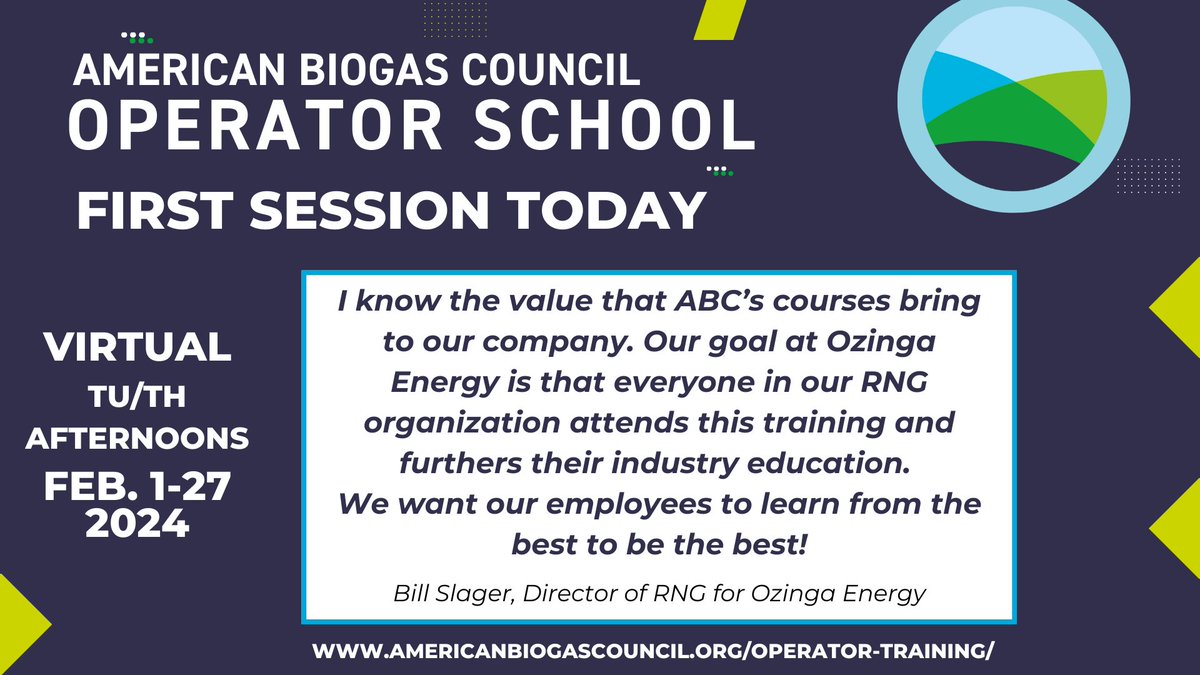 ambiogascouncil's tweet image. 🚨There’s still time to register – ABC’s virtual #OperatorSchool starts today! 🚨
Join our training to:
➡️Earn 22 PDHs
➡️Attend all modules required for #OperatorCertification
➡️Learn about #odormanagement, #biogas utilization, &amp;amp; more!

Register today: americanbiogascouncil.org/operator-train…