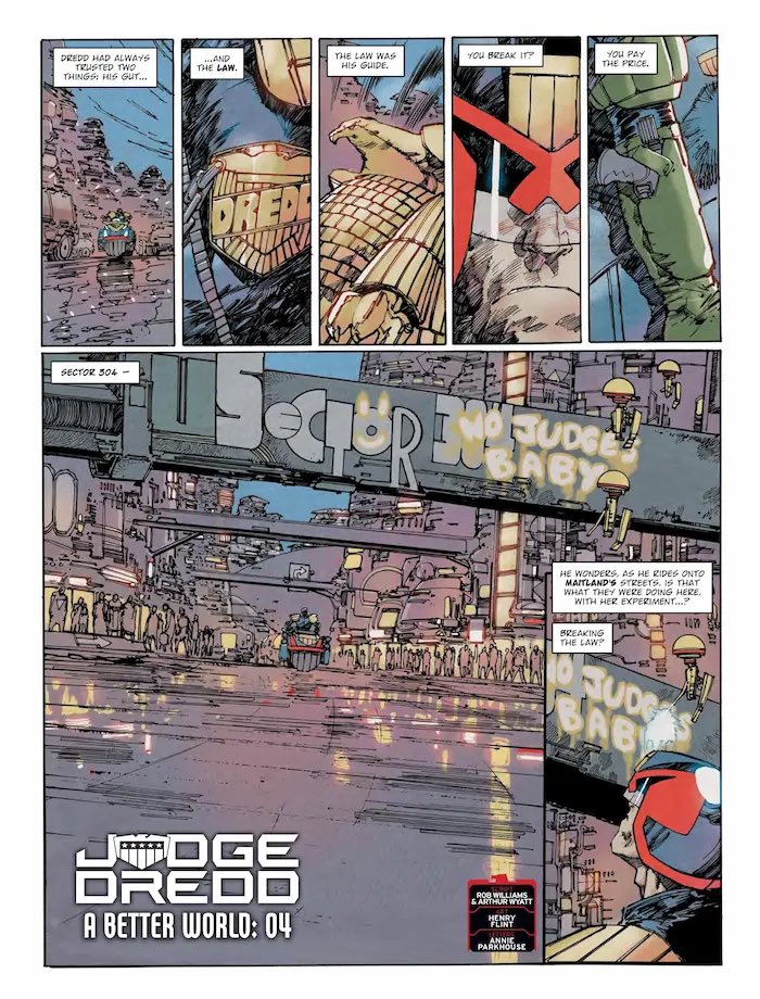 Judge Dredd: A Better World continues in tomorrow’s @2000AD 2367. Me, @arthurwyatt @henryflintZ Annie Parkhouse. I mean, look how good this is…