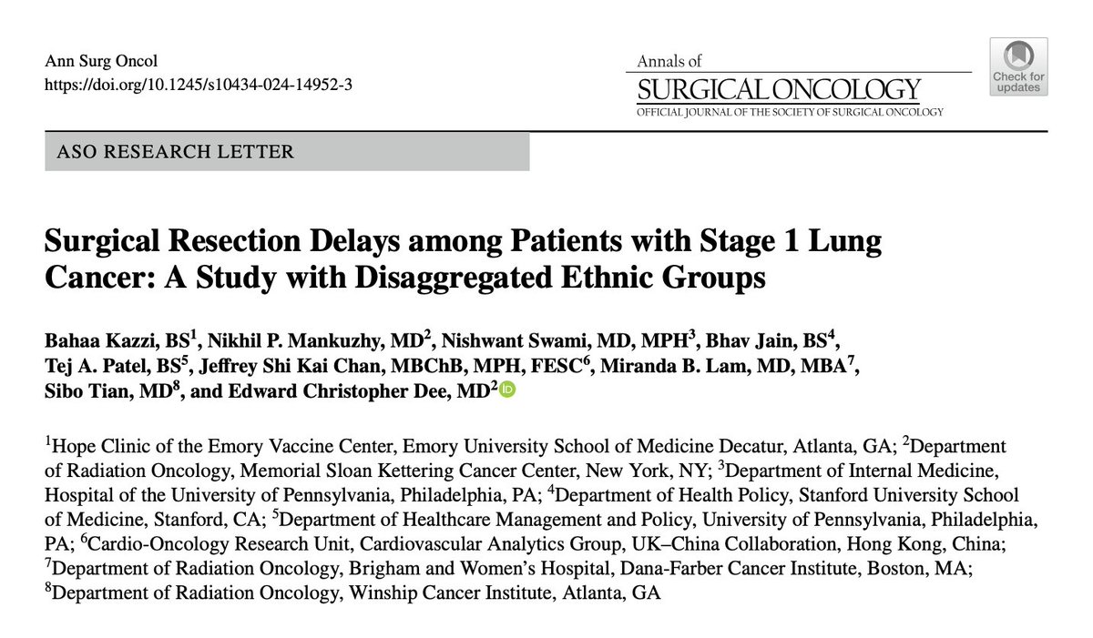 📜 Out in @AnnSurgOncol led by @KazziBahaa, we find disparities in surg delays among #AANHPI pts w stage I #lungcancer 🫁 Disaggregation shows #lcsm delays esp #Japanese #Filipino #Hawaiian #Vietnamese Americans 🙏 @NikMankuzhy @NishwantS & team! 🔗 rb.gy/kekfg2