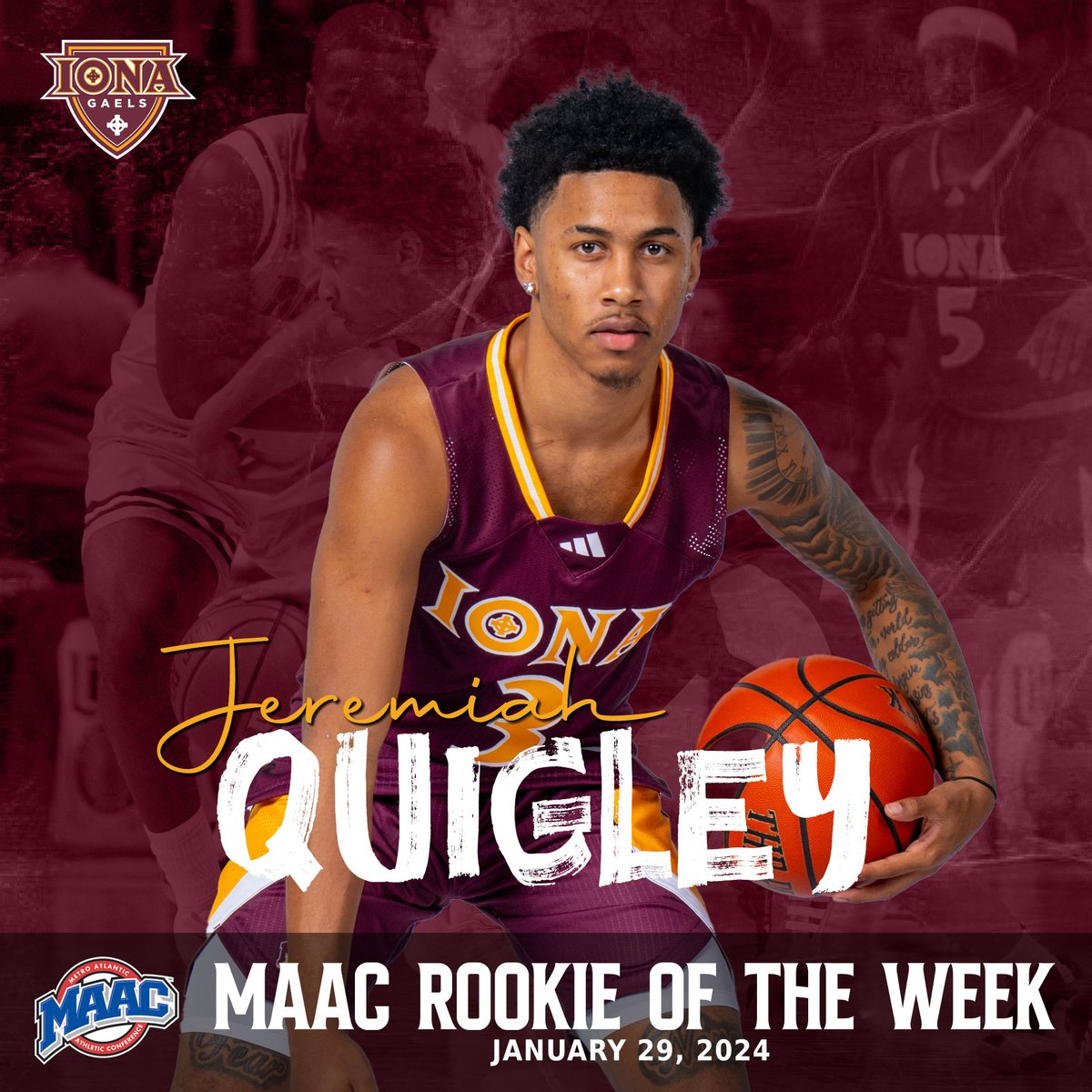 𝐈𝐂𝐘𝐌𝐈: Congratulations to freshman <a href="/jquigley_3/">Jeremiah Quigley</a>, this week's MAAC Rookie of the Week. 

JQ led the Gaels with 19 points on 8-of-12 shooting from the field in the team's win at Siena.  He recorded four assists with no turnovers.

#GaelNation #MAACHoops
