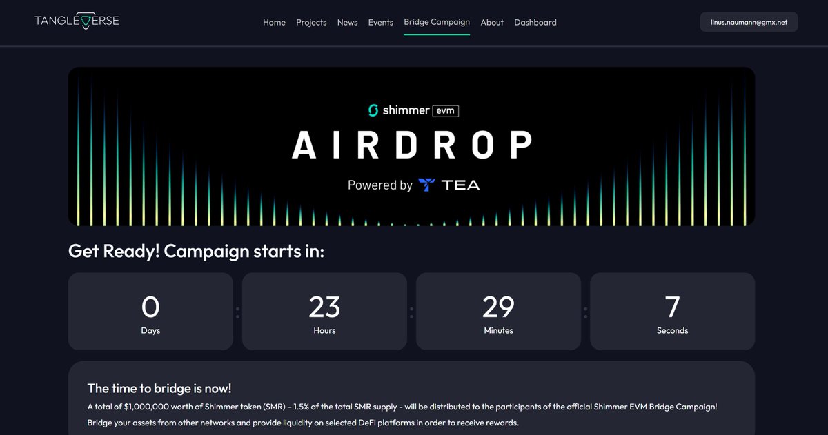 Tangleverse (@tangleverseweb) on Twitter photo ‼️ 23 h left before $SMR bridge campaign starts ‼️
SEVERAL campaigns live at once!
$1,000,000 in SMR airdrop incoming in biggest campaign (by <a href="/TangleEcosystem/">Tangle Ecosystem Association</a>)
More campaigns announced in the next hours and days!
See more on tangleverse.io/bridge-campaign
#IOTA #Shimmer ‼️ 23 h left before $SMR bridge campaign starts ‼️
SEVERAL campaigns live at once!
$1,000,000 in SMR airdrop incoming in biggest campaign (by <a href="/TangleEcosystem/">Tangle Ecosystem Association</a>)
More campaigns announced in the next hours and days!
See more on tangleverse.io/bridge-campaign
#IOTA #Shimmer
