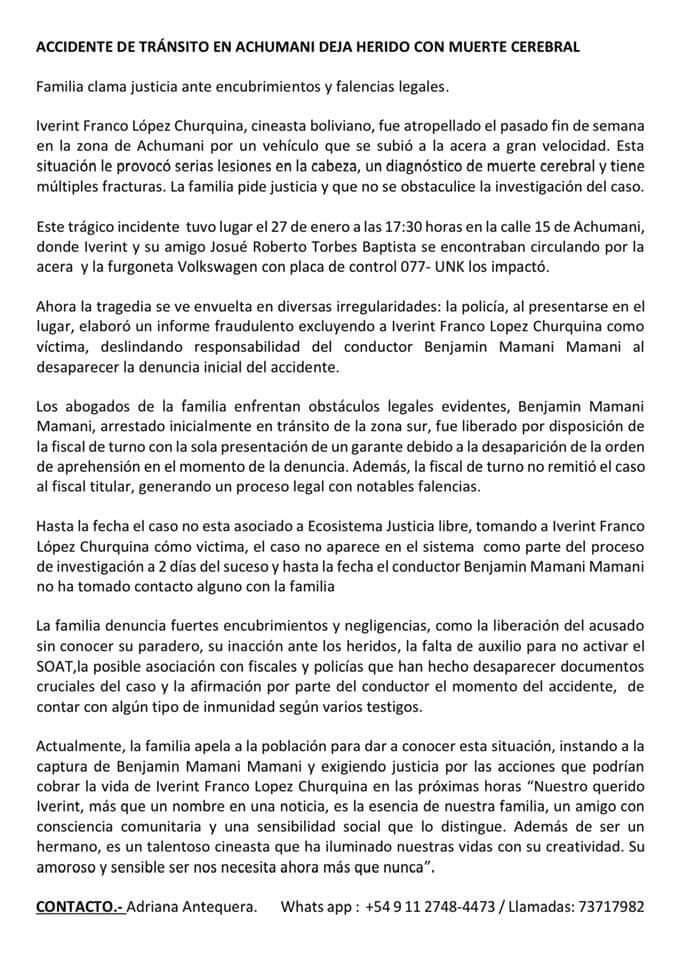 canela_cs's tweet photo. El fin de semana atropellaron a Iverint en el mercado de Achumani.

Hay varias irregularidades en su caso y el conductor, Benjamín Mamani Mamani, está libre. https://t.co/qHzt2WC9XJ