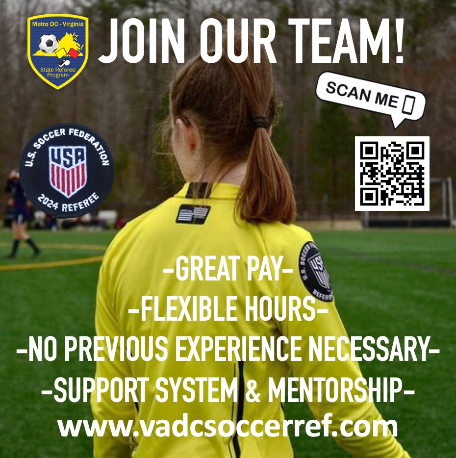 vadcrefs's tweet photo. JOIN OUR TEAM! Become a USSF Certified Soccer Ref in Metro DC VA area. There is a great need for refs in the state. Metro DCVA State Referee Program is here to help, for more info & to Register: https://t.co/uMF3p0RUnM #MakeTheRightCall #GrassrootRef #thirdteam @vayouthsoccer https://t.co/Mq9UUxbCRS