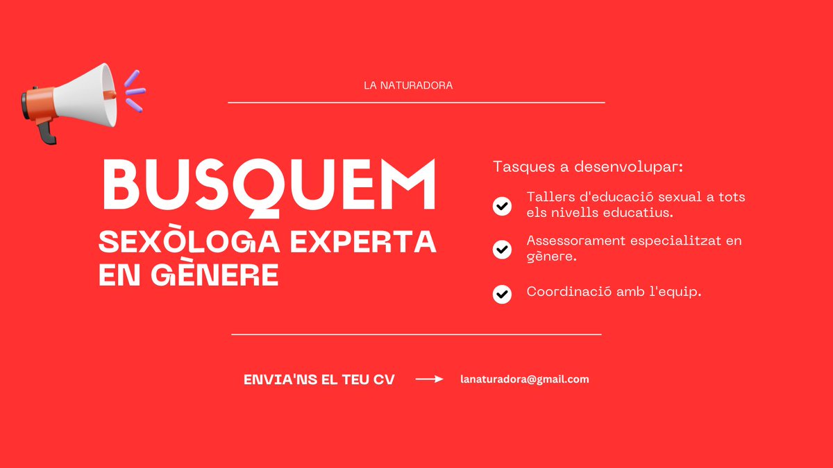 lanaturadora's tweet photo. Busquem sexòloga experta en gènere!

Consulta les condicions i posa't en contacte amb nosaltres.

💌 Envia el teu currículum a lanaturadora@gmail.com https://t.co/QMAn3hXDfk