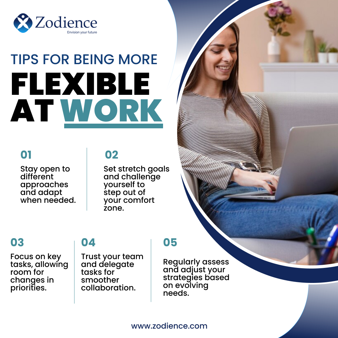 zodience's tweet photo. In today's dynamic work environment, 𝐟𝐥𝐞𝐱𝐢𝐛𝐢𝐥𝐢𝐭𝐲 𝐢𝐬 𝐤𝐞𝐲. Here are some easy tips to become more adaptable at work:
#work #workculture #flexiblework #flexibility #flexibleworking  #challenges #recruiting #recruiters #zodience #lifeatzodience #connectwithzodience https://t.co/arx3Drr2ks