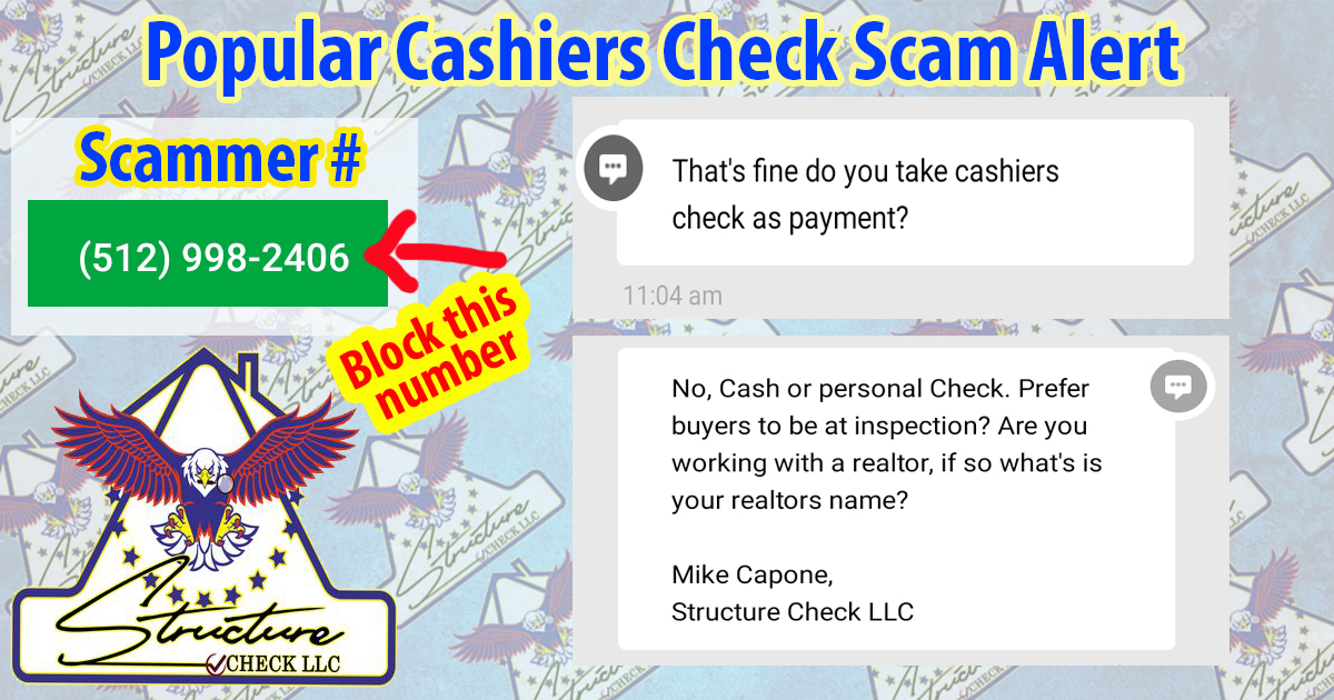 CheckStructure's tweet image. All my #nhagents and #nhcontractor friends take notice. This phone number has tried the classic cashier's check scam on me twice in one week. Go ahead and block this number.