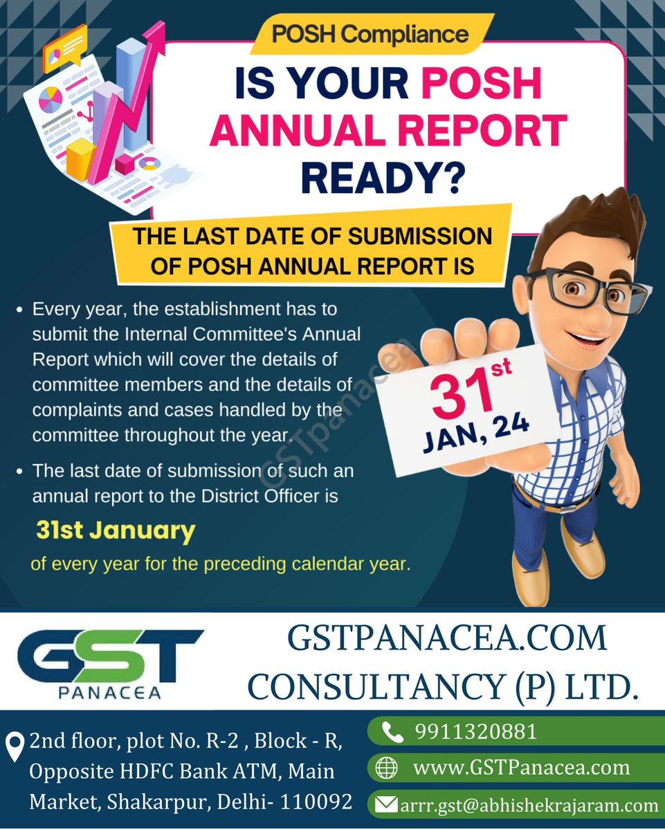 Due Date Reminder!
POSH Compliance
IS YOUR POSH ANNUAL REPORT READY?

#POSHAudit #WorkplaceSafety #GenderEquality #EmployeeWellness #SafeWorkplace #AnnualReport #POSHCompliance