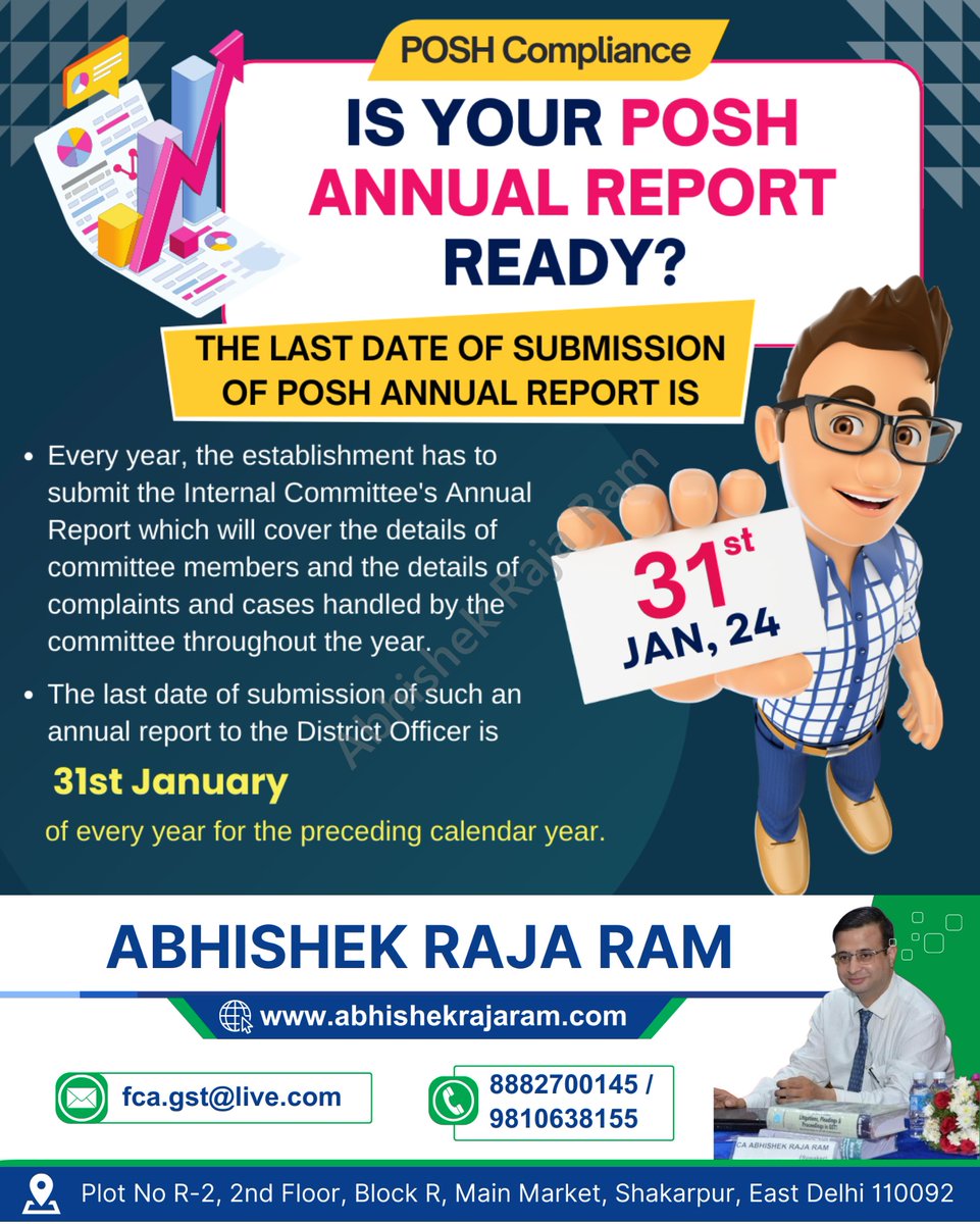 Due Date Reminder!
POSH Compliance
IS YOUR POSH ANNUAL REPORT READY?

#POSHAudit #WorkplaceSafety #GenderEquality #EmployeeWellness #SafeWorkplace #AnnualReport #POSHCompliance