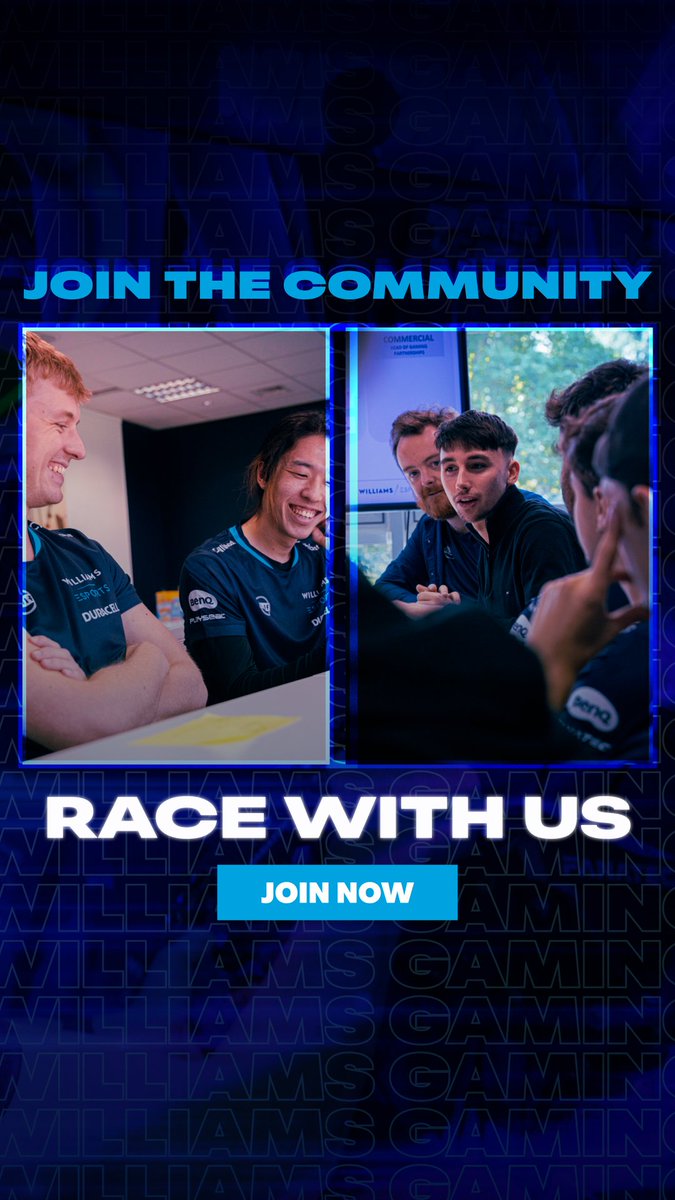 Competition and Camaraderie 🤝

This is a community open to everyone, where all skill levels are welcome! Race at your own pace, connect with fellow drivers and build friendships beyond the finish line! 🏁

williamsf1.com/gaming

#WilliamsEsports #WeAreWilliams #WGC #SimRacing
