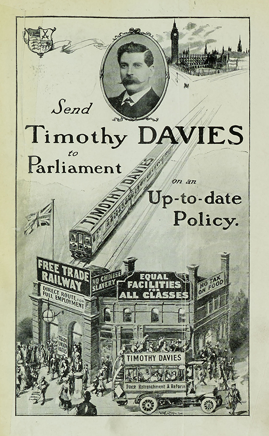 BrisUniSpColl's tweet photo. Wellingborough and Kingswood byelections coming up on Thursday 15th February! Please save any byelection &amp; general election flyers &amp; leaflets and post them to us for future research &amp; for posterity. #Kingswood #Wellingborough #byelection Image: Flyer for Timothy Davies, 1906. https://t.co/hvZsuyaX0W