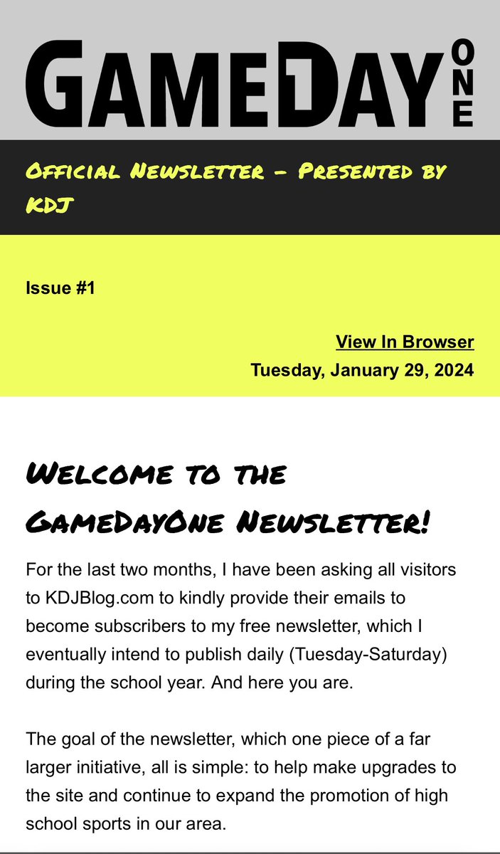 KDJmedia1's tweet photo. Very excited to share that the first GameDay One was sent out this morning via email. Check your inbox (or spam!) to read.

Subscribe by visiting https://t.co/BoRNwP7Whh and entering your email into the pop up or in the form on the middle of the homepage.

More to come… https://t.co/PCNxHlXvZq