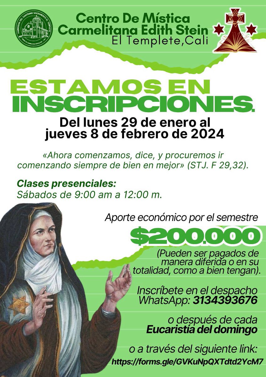 ElTempleteCali's tweet photo. La presencia de Dios a través de la experiencia de  los místicos del Carmelo Descalzo en el *Centro de Mística Carmelitana Edith Stein* en nuestra Parroquia del Santísimo Sacramento 💒
No te quedes sin inscribirte y dale click al siguiente link https://t.co/Mb7eICb5Dp https://t.co/7Se34vX090