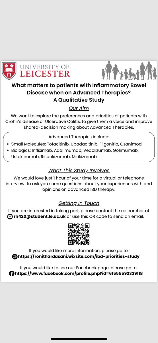 Thank you to all those who have reached out. We are recruiting for this interview study exploring what matters to patients with Inflammatory Bowel Disease when making decisions around advanced therapies and their care. @ADVOCATE_IBD #IBD #crohns #colitis