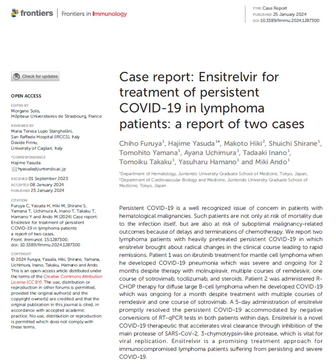Aguirre1Gustavo's tweet image. ENITRELVIR FOR LONG COVID
REPORT OF 2 CASES WITH VIRAL PERSISTENCE THAT RESPONDED WITH 5 DAYS TREATMENT
They were previously treated with the expensive
Monoclonal Antibody Sotrovimab &amp;amp; Remdesivir
without success
Developing Drug-Resistance should be avoided
doi.org/10.3389/fimmu.…
