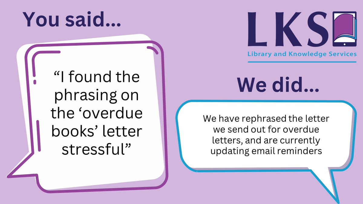 Following comments from library users we've been updating how we phrase overdue reminders and emails. We want to thank all of our users for the feedback, before and after the changes, we're glad you find the new phrasing clearer. If you have any comments or ideas please email us.