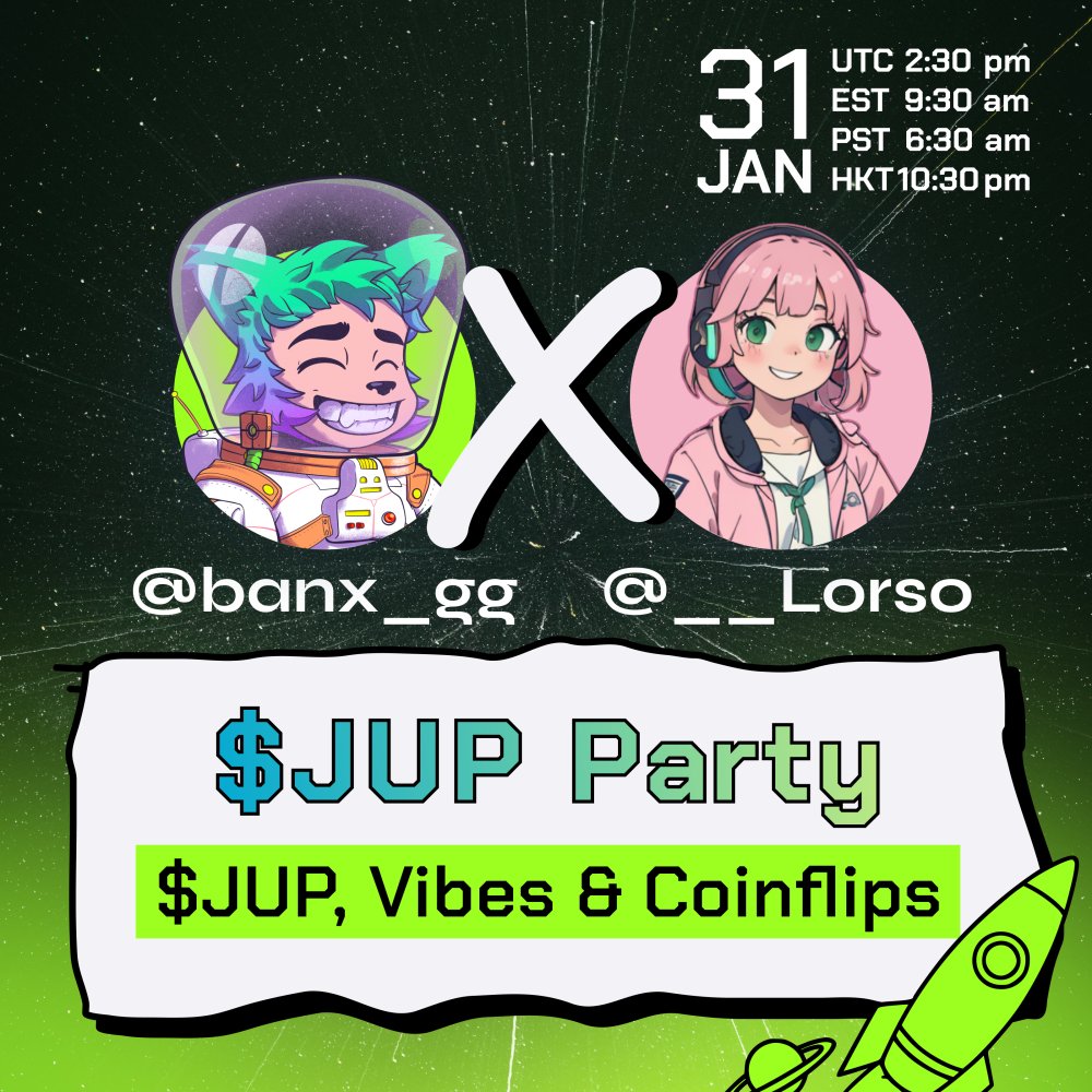 Banx.gg ๐ต Loans & Yield (@banx_gg) on Twitter photo TOMORROW IS $JUP DAY
I'm so hyped I just can't...
Gotta ๐๐ต๐ฟ๐ผ๐ ๐ฎ ๐ฝ๐ฎ๐ฟ๐๐ to cool down.
$WEN: Jupuary 31st, 2:30PM UTC
1) What: $JUP Party
With: @__lorso your favourite streamer
Where: ๐๐ต๐ฒ <a href="/banx_gg/">Banx.gg ๐ต Loans & Yield</a> ๐ฑ๐ถ๐๐ฐ๐ผ๐ฟ๐ฑ
How? Deets below ๐ TOMORROW IS $JUP DAY
I'm so hyped I just can't...
Gotta ๐๐ต๐ฟ๐ผ๐ ๐ฎ ๐ฝ๐ฎ๐ฟ๐๐ to cool down.
$WEN: Jupuary 31st, 2:30PM UTC
1) What: $JUP Party
With: @__lorso your favourite streamer
Where: ๐๐ต๐ฒ <a href="/banx_gg/">Banx.gg ๐ต Loans & Yield</a> ๐ฑ๐ถ๐๐ฐ๐ผ๐ฟ๐ฑ
How? Deets below ๐