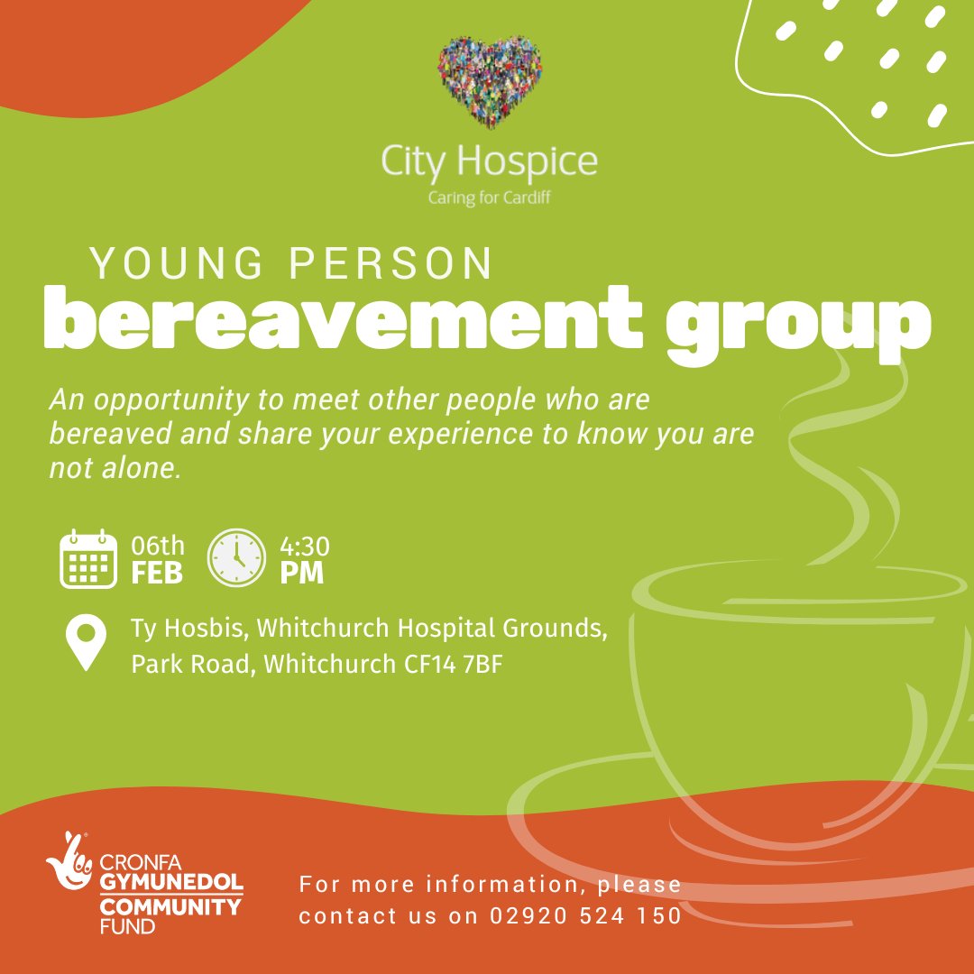☕ Next Tuesday, we will be holding our young person bereavement group at City Hospice. 

Please don't worry if you can't make this one, our young persons bereavement group will be held on the first Tuesday of every month! For more information, please call us on 02920 524