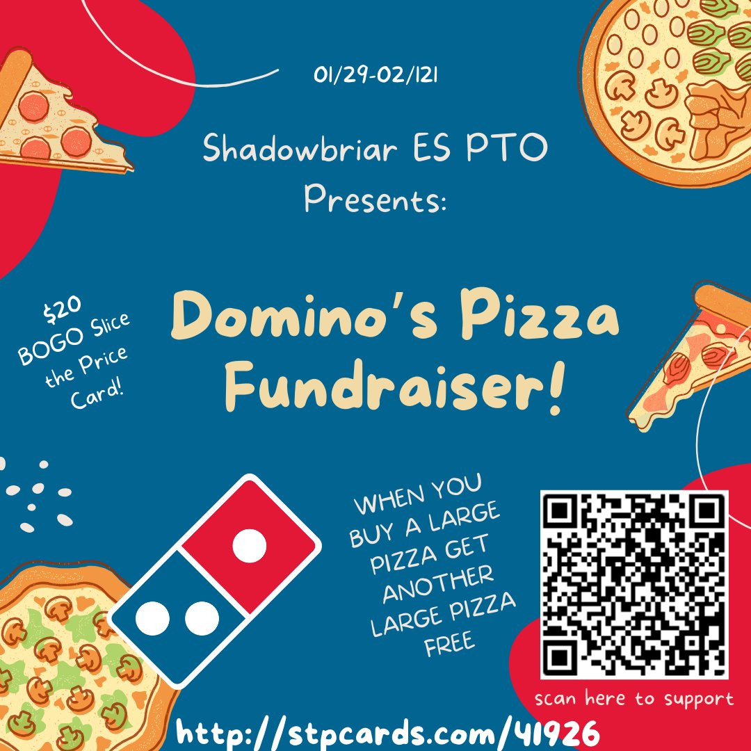 ShadowbriarP's tweet photo. Our Domino's Gift Card Fundraiser is well underway. Please support the PTO by sending to your family and friends. Scan the QR code or click https://t.co/H0DRMgpwIb and register your child so they will have a personalized link. https://t.co/peRCAMLBnv