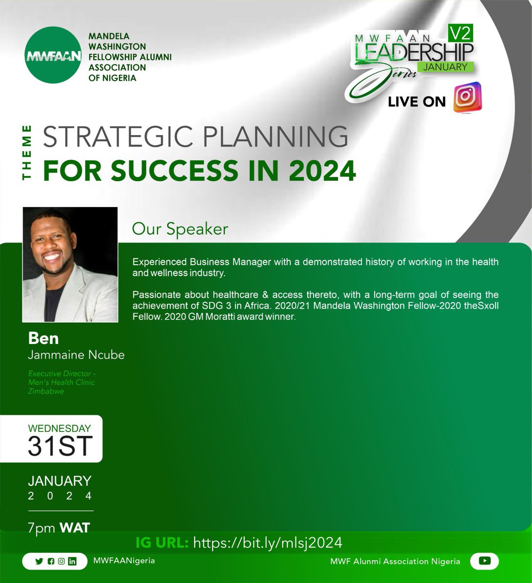 MWFAANigeria's tweet photo. Unveiling speaker two 🎉

Well @BenJNcube is an Experienced Business Manager with a demonstrated history of working in the health and wellness industry. 
You can’t afford to miss him  speak.  ✌️

Be with us; 
Tomorrow, Wednesday 31st January 2024.
Time: 7pm WAT
Venue: IG Live https://t.co/wthG72XPXC