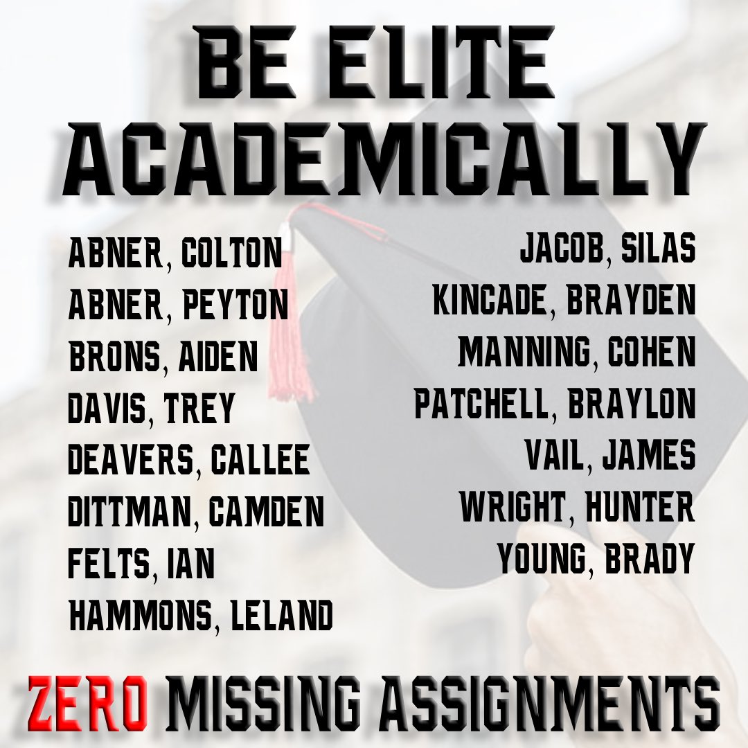 Be ELITE: Academically

🪑Sit In The First 2 Rows of Class 
🙋🏻‍♂️ Say Hello to every Teacher
🚫 No Missing Assignments

ELITE Effort in the classroom by these 🦁! 

#BeElite #ChasingElite 

🦁🏈🤕🦅💨🏃🏆