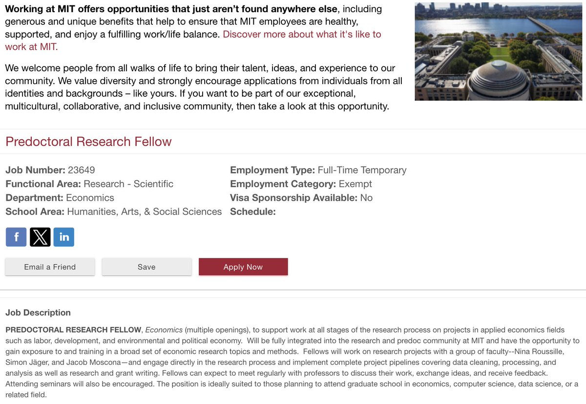 📢 My wonderful colleagues @NinaRoussille and Jacob Moscona (and I) are jointly hiring predoctoral research fellows to work in the exciting research environment @MITEcon! Please spread the word! 🙏 @econ_ra