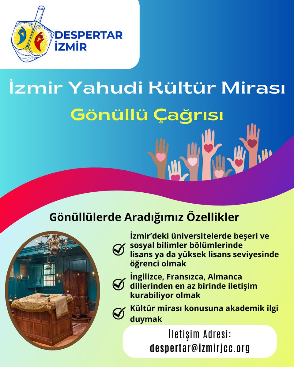 Despertar İzmir'in yeni dönem çalışmalarından birisi de İzmir Yahudi Kültür Mirası alanında "uluslararası genç araştırmacılar ağı" kurmak. Genç gönüllü ekibine katılmak isteyen öğrenciler konuyla ilgili kısa bir Türkçe metin ve bir CV ile birlikte bizlere e-posta gönderebilir.