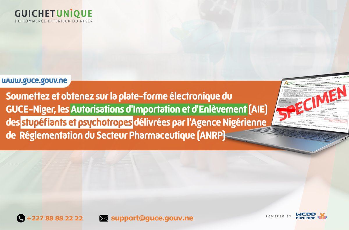 GUCENiger227's tweet photo. #guceniger | Soumettez et obtenez sur la plate-forme électronique du GUCE-Niger, les Autorisations d'Importation et d'Enlèvement (AIE) des stupéfiants et psychotropes délivrées par l'Agence Nigérienne de Réglementation du Secteur Pharmaceutique (ANRP)

#ANRP #WebbFontaine https://t.co/cFevMbAJNz