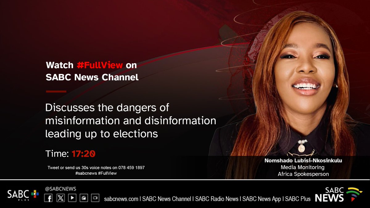 [COMING UP] on #FullView <a href="/NomshadoL/">Nomshado Lubisi</a> will discuss the dangers of misinformation and disinformation leading up to elections. #SABCNews