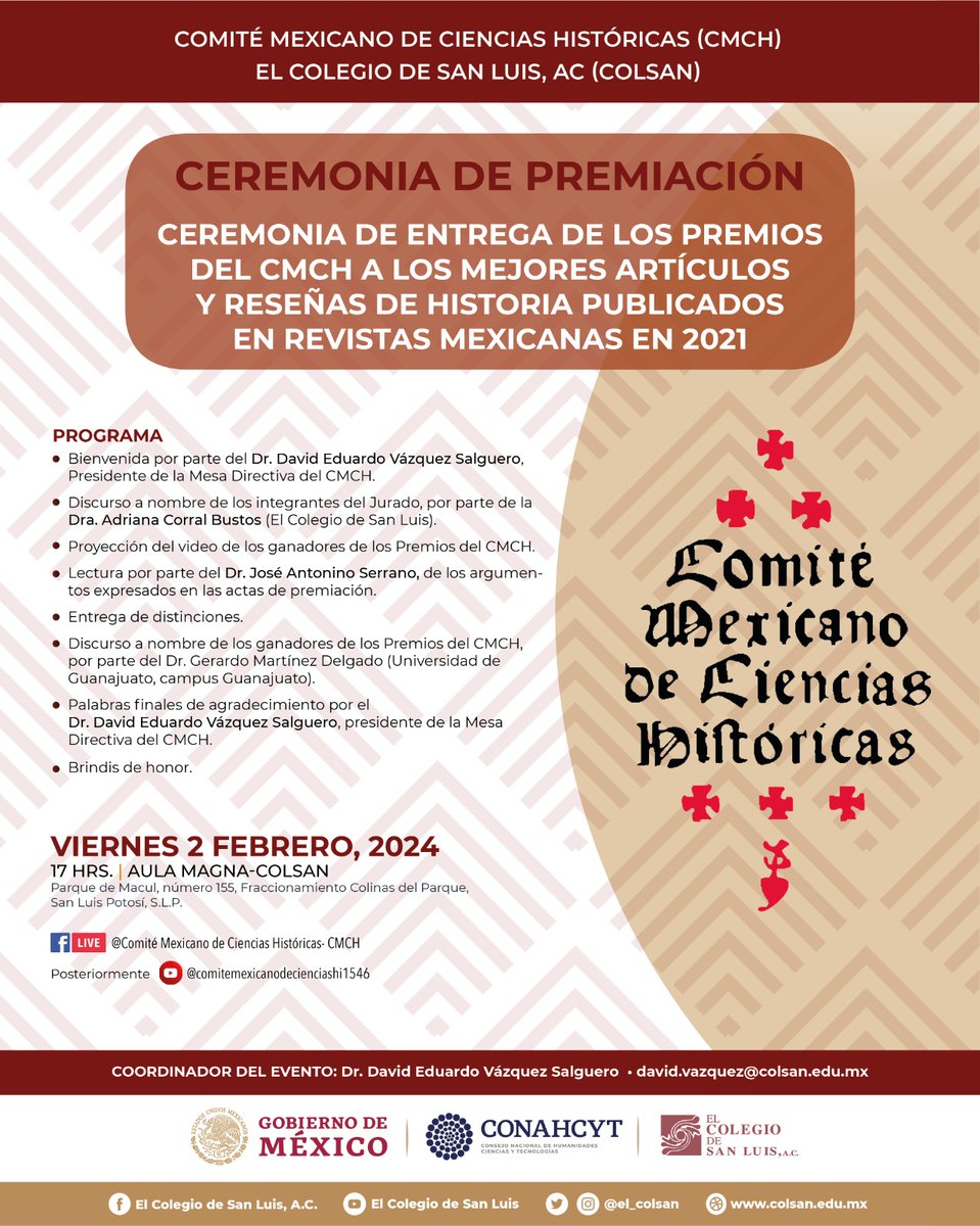 cmch_historicas's tweet photo. El CMCH invita a la ceremonia de premiación de los mejores artículos y reseñas de Historia publicados en 2021, que se transmitirá a través del #FacebookLive de la cuenta del #CMCH, el viernes 2 de febrero de 2024, a las 5:00 pm, desde el Aula Magna de @el_colsan. #PremiosCMCH🏆 https://t.co/MF7hsbQjY4