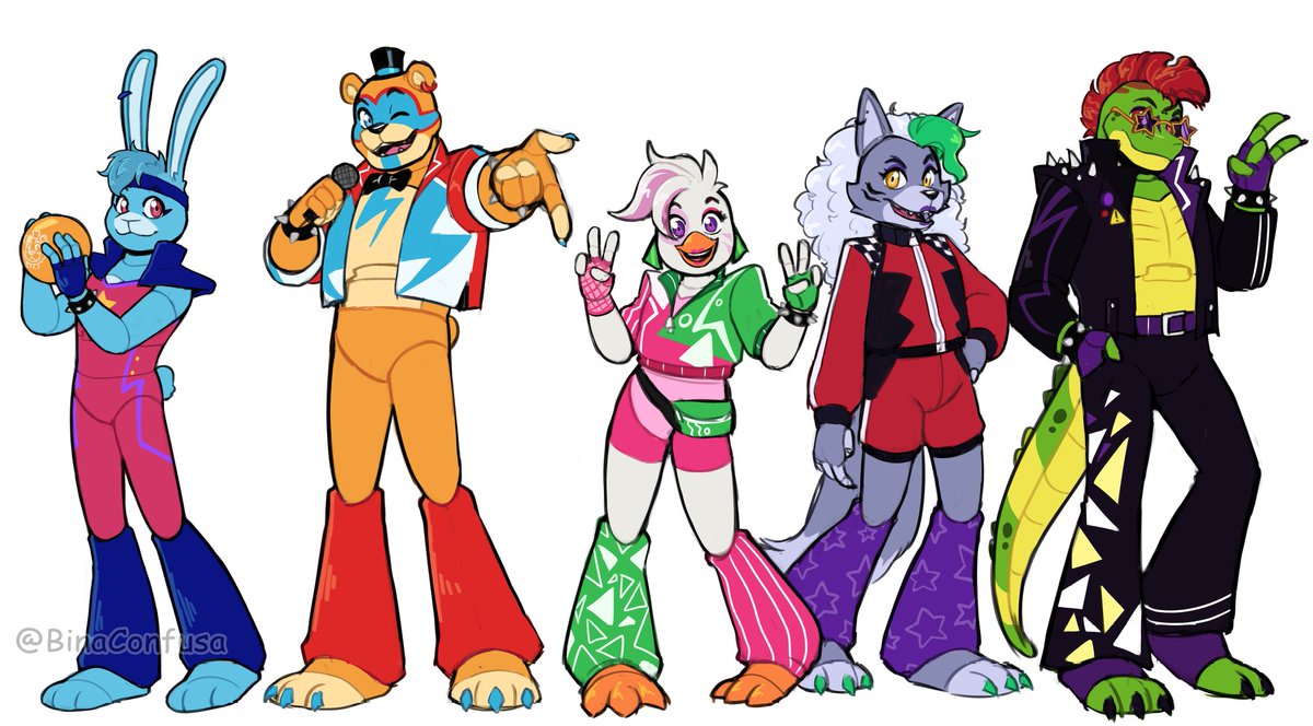It took a while but finally they are here! My Glamrocks redesigns ✨

( Plz do not use the image without permission, ty )
#fnafsb #fnaffanart #GlamrockBonnie #glamrockfreddy #glamrockchica #roxannewolf #MontgomeryGator #fanart #confusasart