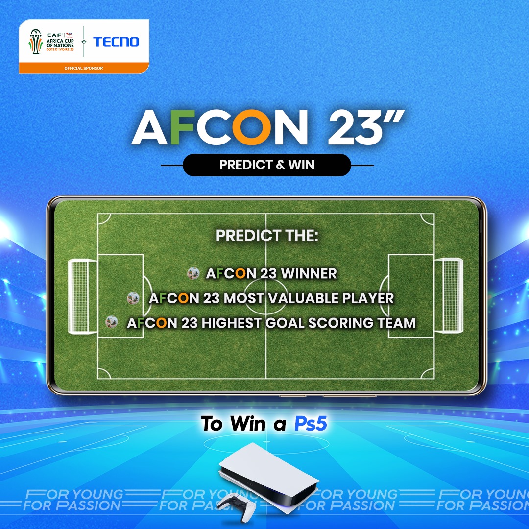TECNOMobileNG's tweet image. PS5 up for grab! 

Predict all correctly using #TECNOAFCON2023 

One lucky fan across our social media pages who predict correctly will be randomly selected.

You must be following us to qualify.

Prediction ends on the 8th of Feb

#SPARK20Series
#TECNOFootballSeason