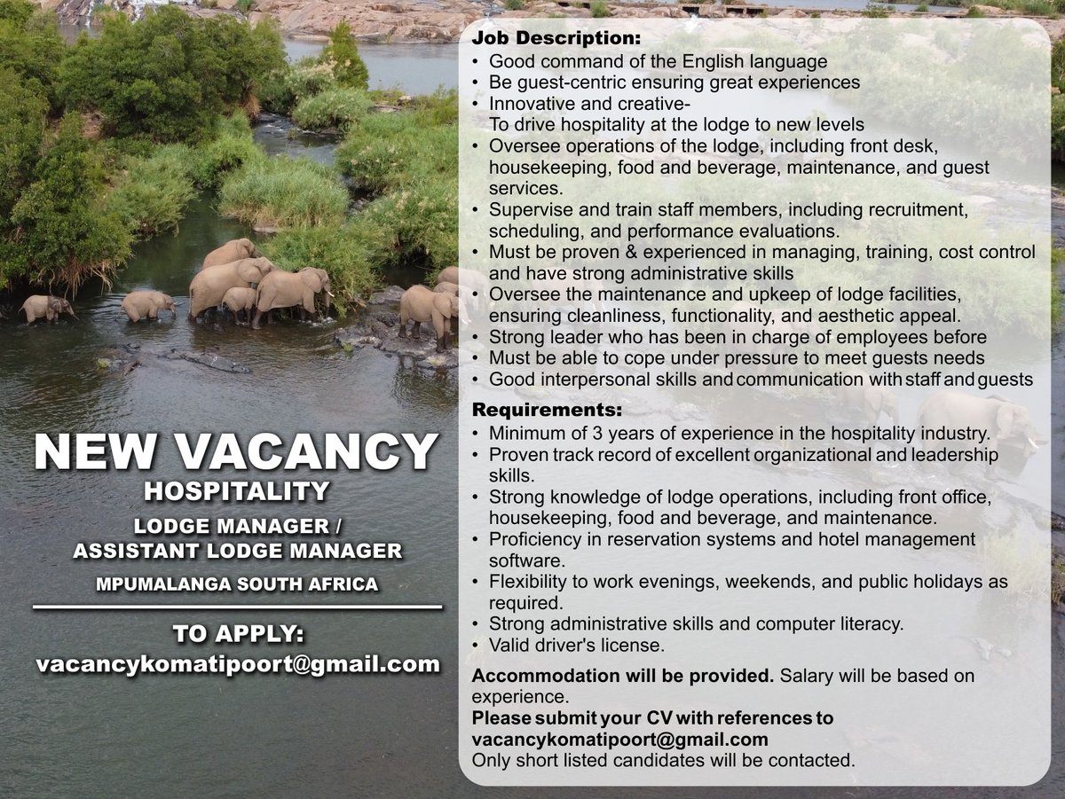 GorePrinting's tweet photo. Job Vacancy - Hospitality -Lodge Manager, Mpumalanga South Africa. Please read the banner for job description and requirements!
Accommodation will be provided. Salary will be based on experience.
#LodgeManager #manager #lodgelife #jobsearching #jobopportunity #jobseekers https://t.co/oACRfmauUv