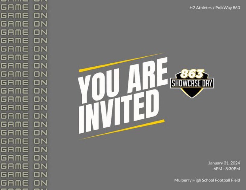 Will be attending the 863 showcase this 
Wednesday  <a href="/H2_Recruiting/">Hasani (H2) | Football Recruiting</a> <a href="/H2Athletes/">H2 Athletes</a> <a href="/Coachwbbaker/">Will Blankenbaker</a> <a href="/polk_way/">PolkWay</a> <a href="/_housecall/">Terrence Hicks</a> <a href="/DanLaForestFB/">Dan LaForest 🏈</a> <a href="/DylanOliver23/">PolkwayDylan</a> <a href="/Dwight_XOS/">Dwight Thomas - Catapult Sports</a> <a href="/BillKempSports/">Bill Kemp</a>