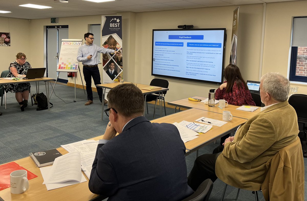 BedsSchsTrust's tweet photo. Terrific @willmindfulness Presenting to #Trustees on continued growth + huge positive impact of #mindfulness @BedsSchTrust  Huge thanks to @MiSPcharity for wonderful programs + training 14 staff members to teach #mindfulness #wellbeing #efficacy https://t.co/1EtUlbk0Ip