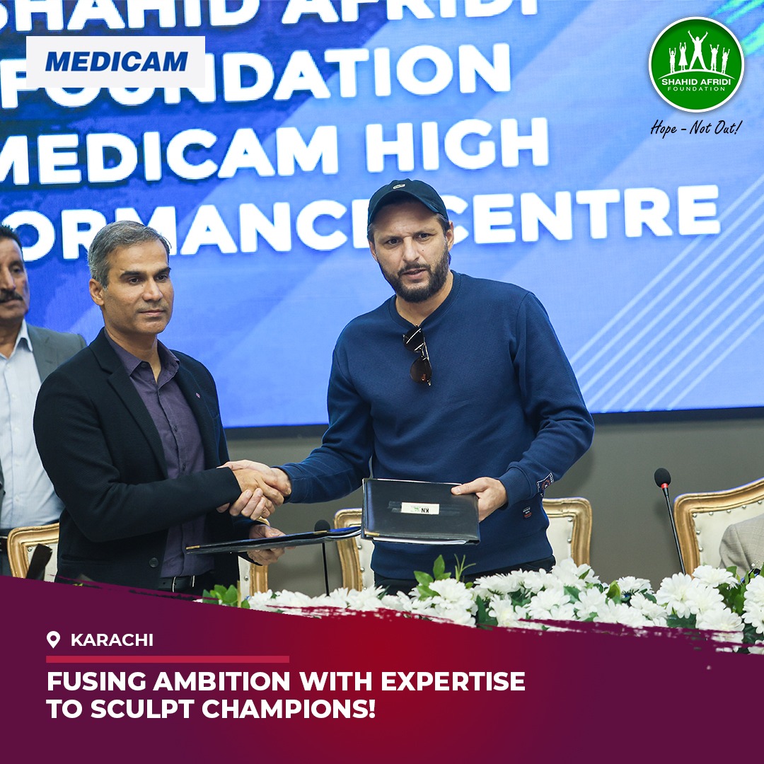 SAFoundationN's tweet photo. Exciting collaboration alert! 🏏✨ #SAF has joined hands with #Medicam for a cutting-edge High-Performance Center at KN Academy, Main Campus, Karachi. We are thrilled to share glimpses of the MOU signing by Chairman SAF @safridiofficial, and MD Medicam Group Mr. Junaid Nanitalwala. 📜 Let the journey towards cricket excellence begin! We are committed to ensuring #HopeNotOut for all!
