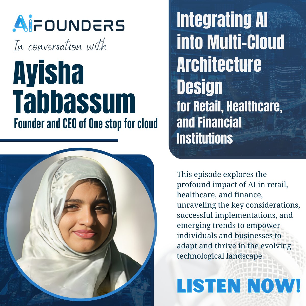 AiFounders's tweet photo. Ayisha Tabbassum, Founder and CEO at One Stop For Cloud, shares expert insights on integrating AI in multi-cloud architecture designs for retail, healthcare, and finance in this engaging AI Founders Podcast episode hosted by Ryan Davies.
Listen Now: https://t.co/yvXnUlKyNy https://t.co/9piwM7DjzF