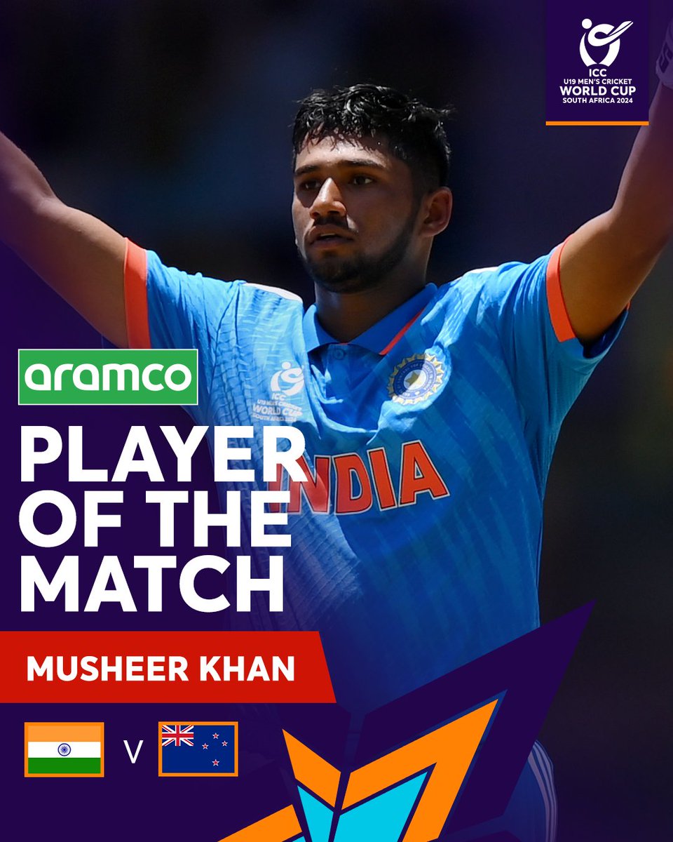 ICC's tweet image. Musheer Khan's stirring 131 secures him the @aramco #POTM 👊

#U19WorldCup #INDvNZ